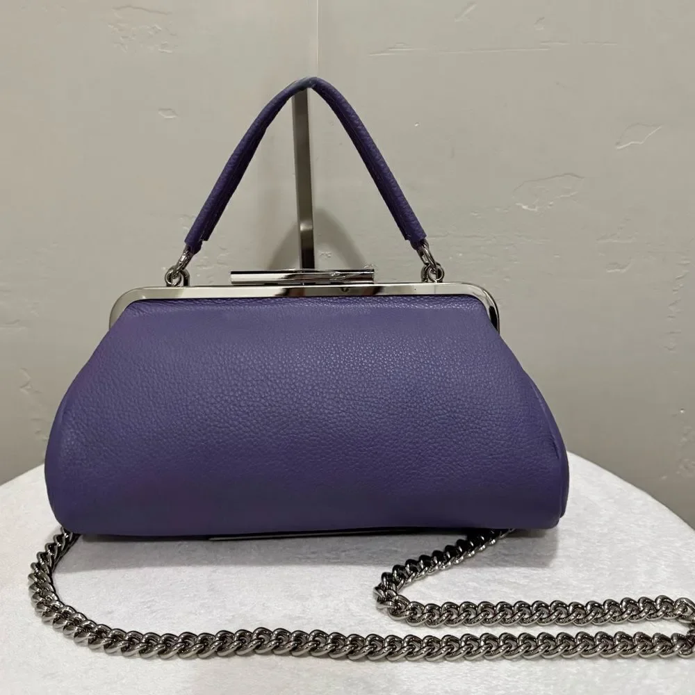Purple Pebble Calfskin Leather Handmade Push Lock Baguette Bag, Multi Use Style